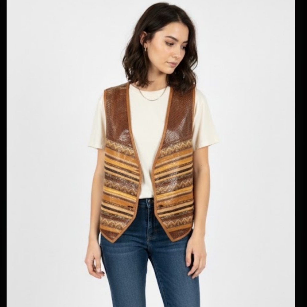 Vintage Sharif Leather Striped Boho Vest Hippie Retro Embossed Western M